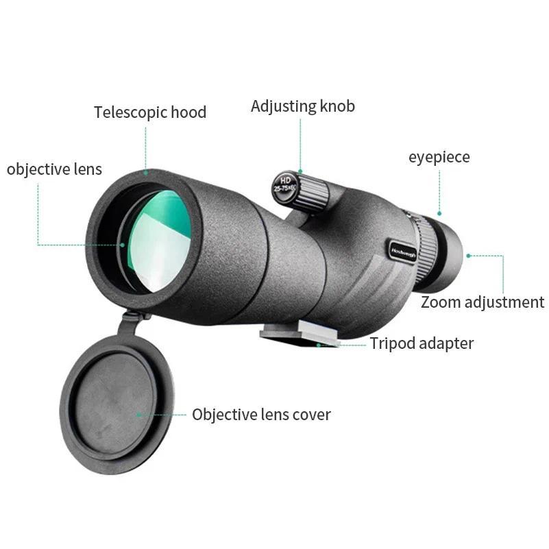 HD Spotting Scope Powerful Monocular Zoom Telescope Prism Waterproof for Birdwatching Target Shooting Camping 25-75x60