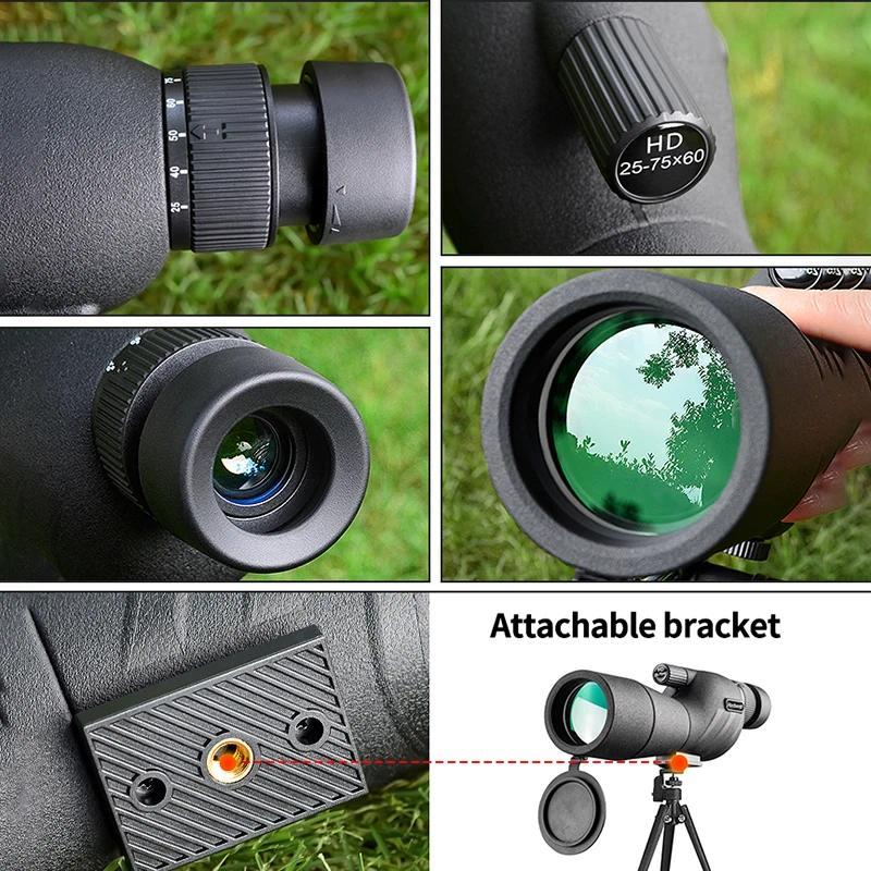HD Spotting Scope Powerful Monocular Zoom Telescope Prism Waterproof for Birdwatching Target Shooting Camping 25-75x60