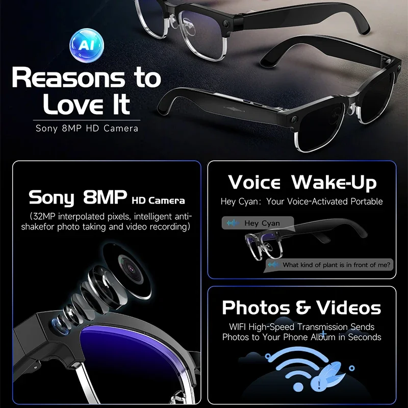 New 8MP HD Camera Smart Glasses 4K  Video Record Al Voice Translation Photo Recognition WIFI Transmission BT Call Smart Glasses