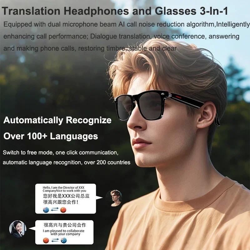 AI Real-time Translation Smart Glasses Wireless Bluetooth Call & Voice Assistant Touch Control Glasses with Mic Speaker Earphone Automatic Wearable D Style Full Frame