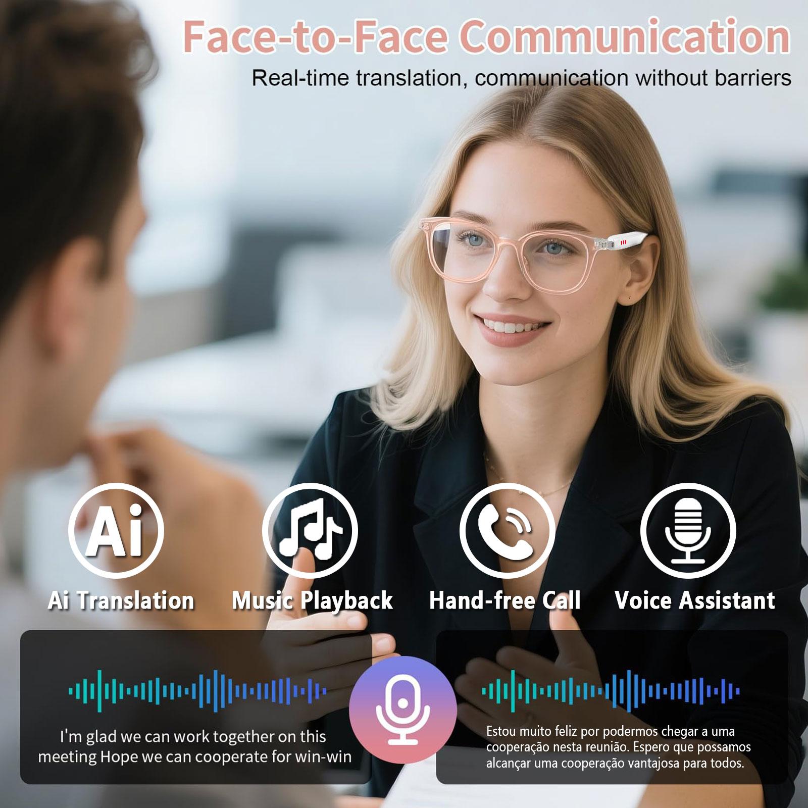 Smart AI translation audio glasses, real-time app translation in over 160 languages, light-sensitive color-changing lenses Wearable White - Image 5