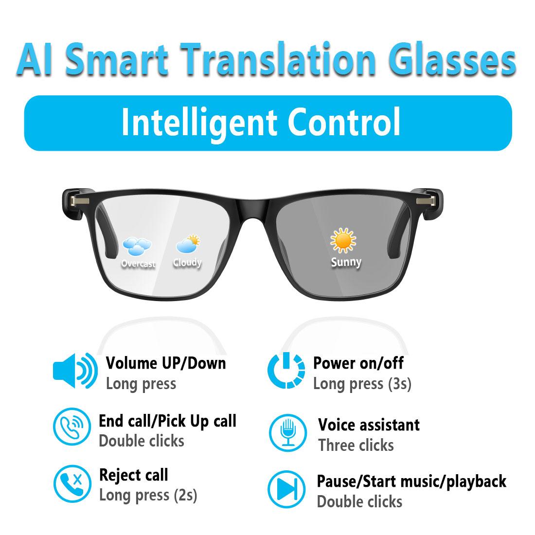 Smart AI translation glasses, real-time app translation in 164 languages, photochromic lenses, flat gray-black lenses. - Image 2