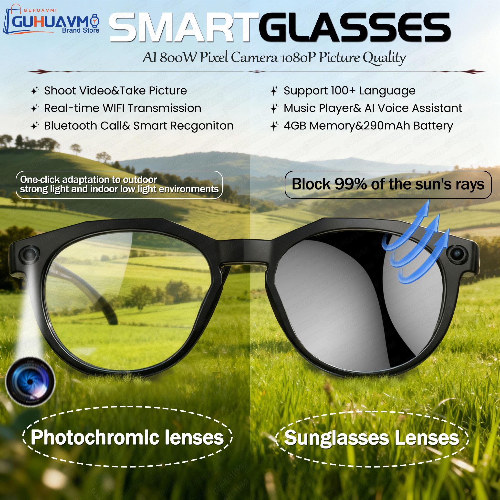 Photochromic Glasses, New for 2026, For Men, 800K Camera for 1080P Image Quality, WIFI Delivery, AI Translation, Suitable for Study and Meetings, Smart Glasses