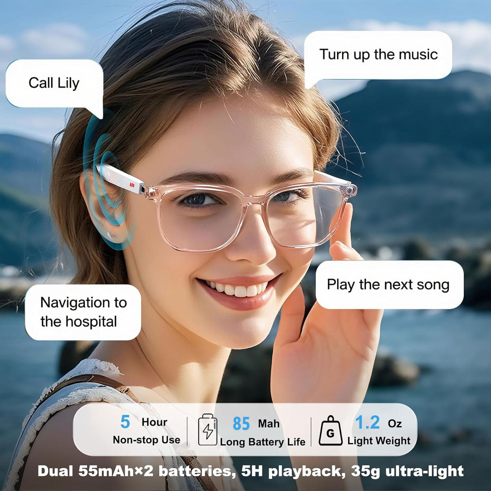 Smart glasses, app translation, color-changing lenses, high-definition voice calls, Hi-Fi music quality, open-ear audio glasses.