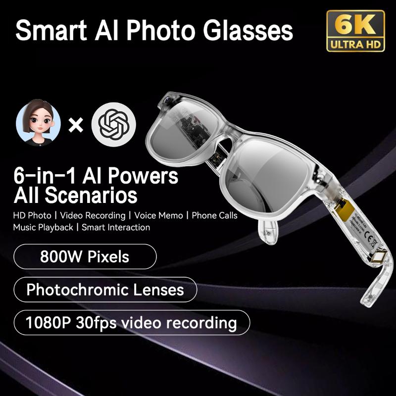 AI Smart Glasses, 6K Resolution, Camera, Bluetooth Calling, Voice Assistant, Music Player, Translation, Photochromic Glasses, Compatible with Xiaomi