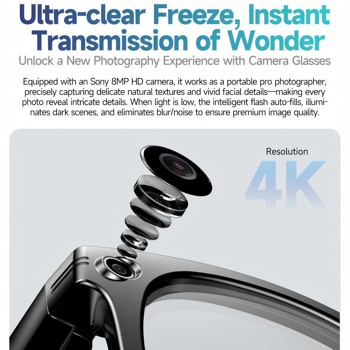 8MP camera smart glasses with 1080P HD video recording, 4K resolution, metal semi-rimless design, photochromic lenses