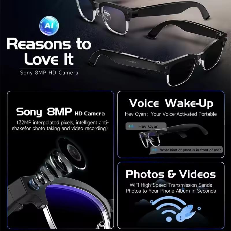Smart glasses with AI, featuring an 800W camera, 4K HD video, outdoor sports sunglasses, OpenAI voice assistant, Bluetooth music translation, ideal for calling, glasses.