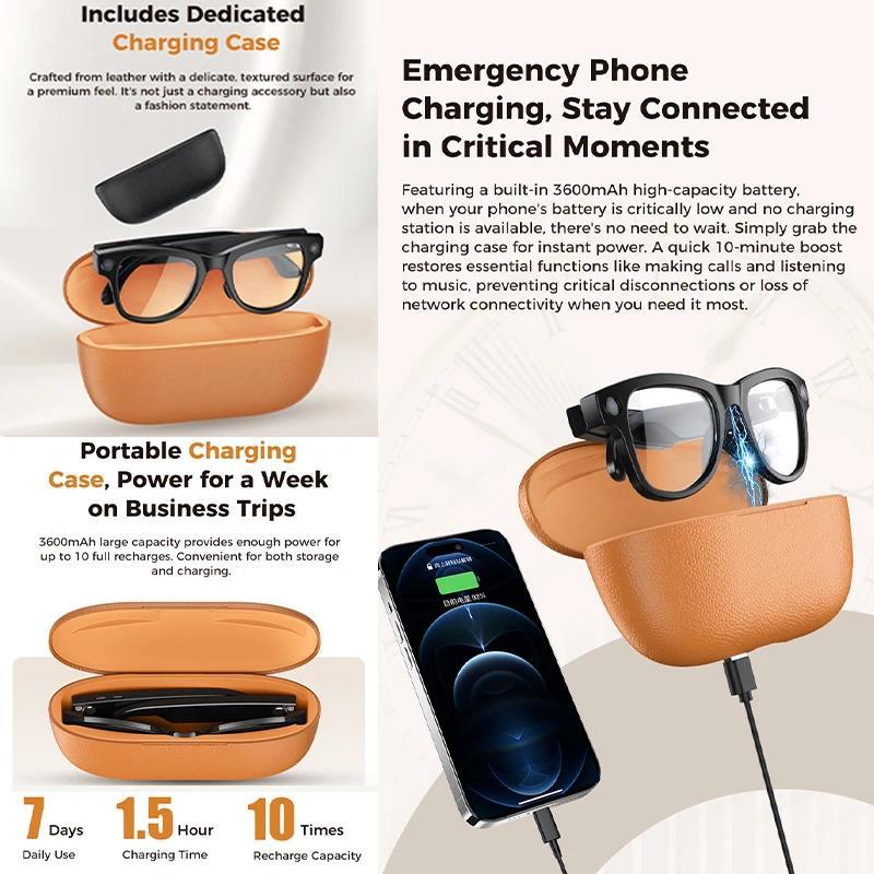 New 800W Camera AI Glasses Photo Video Recording 3600mAh Charging Case Waterproof AI Translation Glasses Call Smart Sunglasses