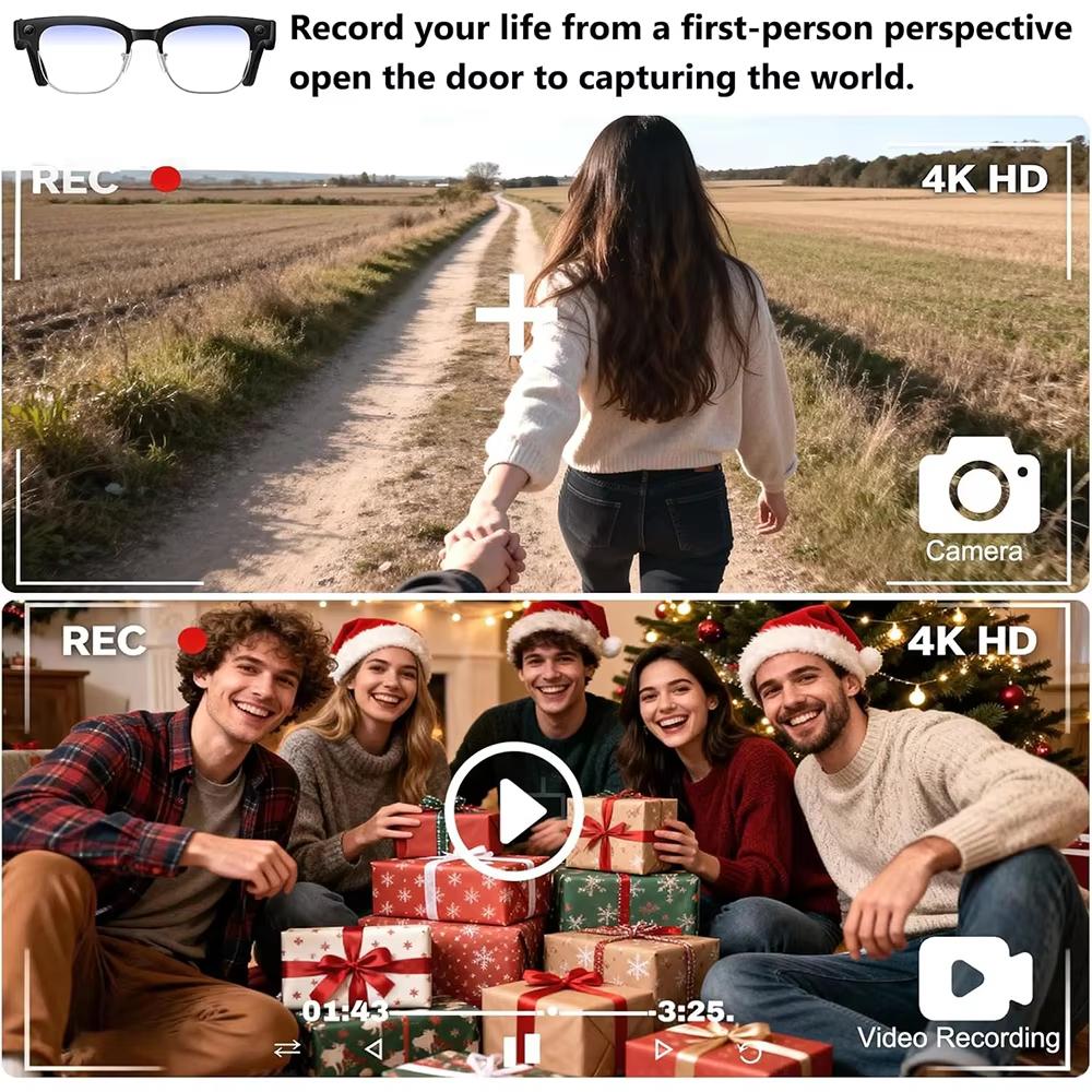 2026 New 8MP Ultra-Wide HD 4K Camera Smart Glasses Video Record 4GB AI Photo Recognition BT Call Translation Voice Smart Glasses