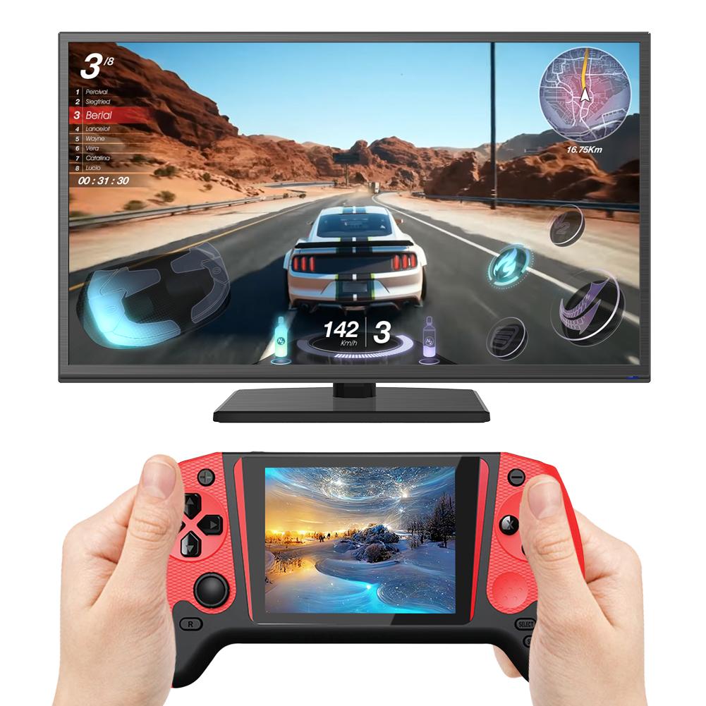 Mobile gaming console with a retro style, featuring a 3.5-inch LCD screen. Built-in video game console with 500 games, TV connectivity, and designed for single-player use.